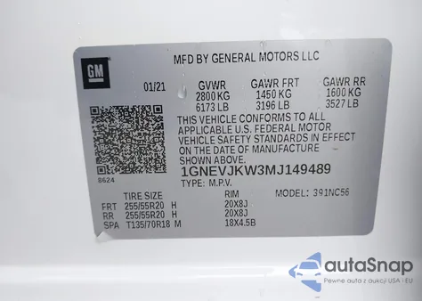 2021 Chevrolet Traverse Awd Rs z USA, uszkodzony, nr VIN 1GNEVJKW3MJ149489